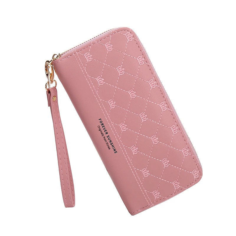 Long Crown Embroidery Thread Single Zip Clutch Wallet Women Image