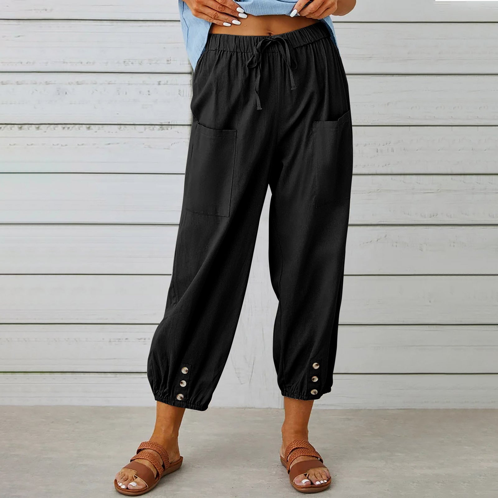 Women Drawstring Tie Pants Spring Summer Cotton And Linen Trousers With Pockets Button Image