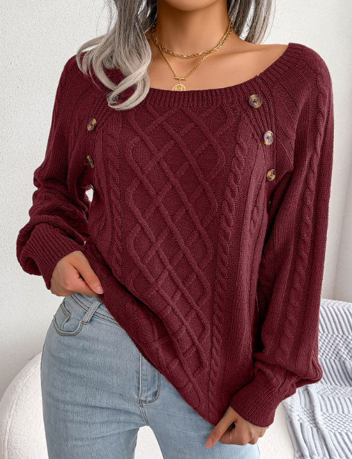 Square Neck Button Fried Dough Twist Knitting Sweater Image