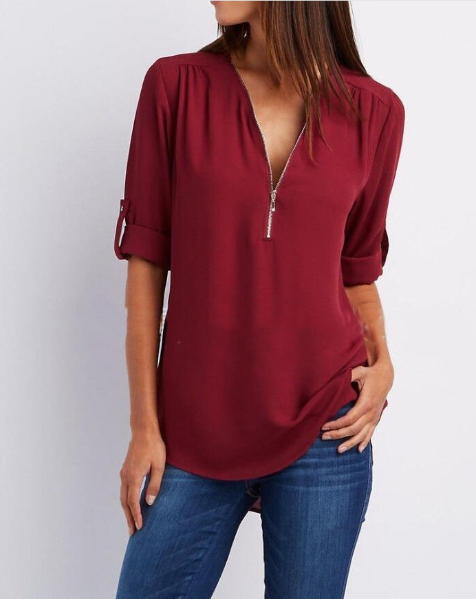 Zip V-neck Shirts Women Short Sleeve Loose Tops Image