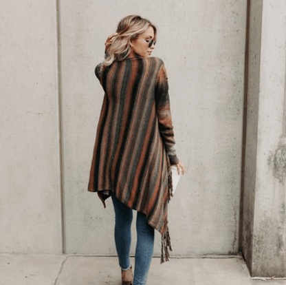 Autumn And Winter Medium Length Slim Fringe Striped Sweater Coat