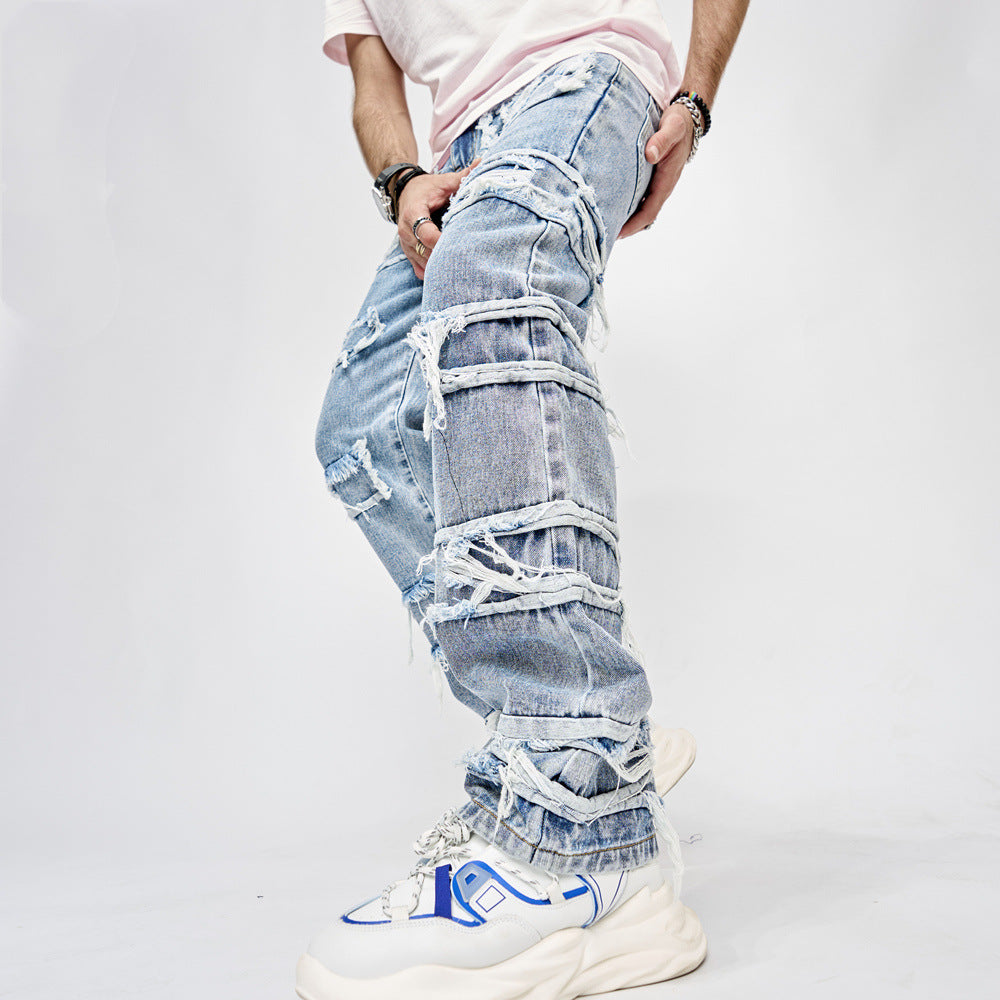 High Street Trousers Man's Pants Full Length Patched Straight Fit Men's Hip Hop Jeans Image