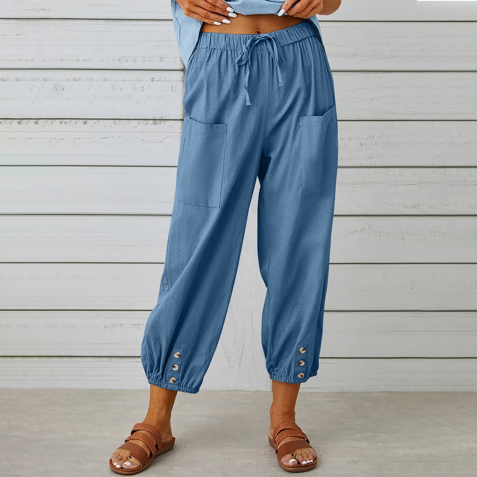 Women Drawstring Tie Pants Spring Summer Cotton And Linen Trousers With Pockets Button Image