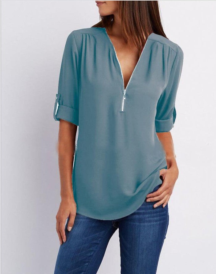 Zip V-neck Shirts Women Short Sleeve Loose Tops Image