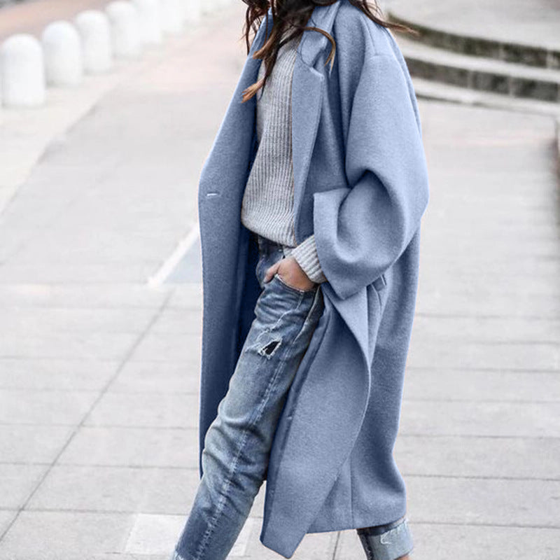 Casual Long Jacket With Pockets Solid Color Single Breasted Lapel Woolen Coat For Women Warm Winter Clothing Image