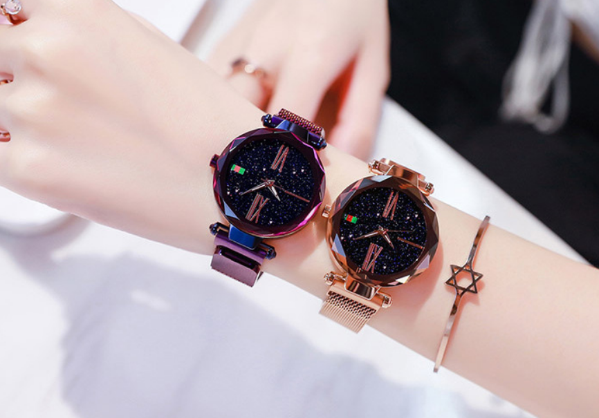 Luxury Women Watches Mesh Ladies Clock Magnet Buckle Starry Diamond Geometric Surface Quartz Wristwatch Image