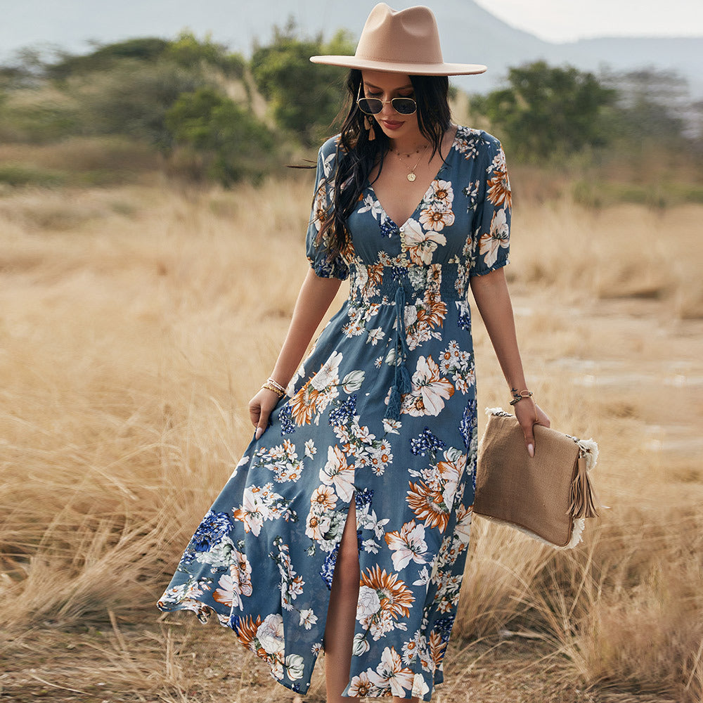 Floral Summer Beach Dress With V Neck Elastic Waist Dresses For Women Image