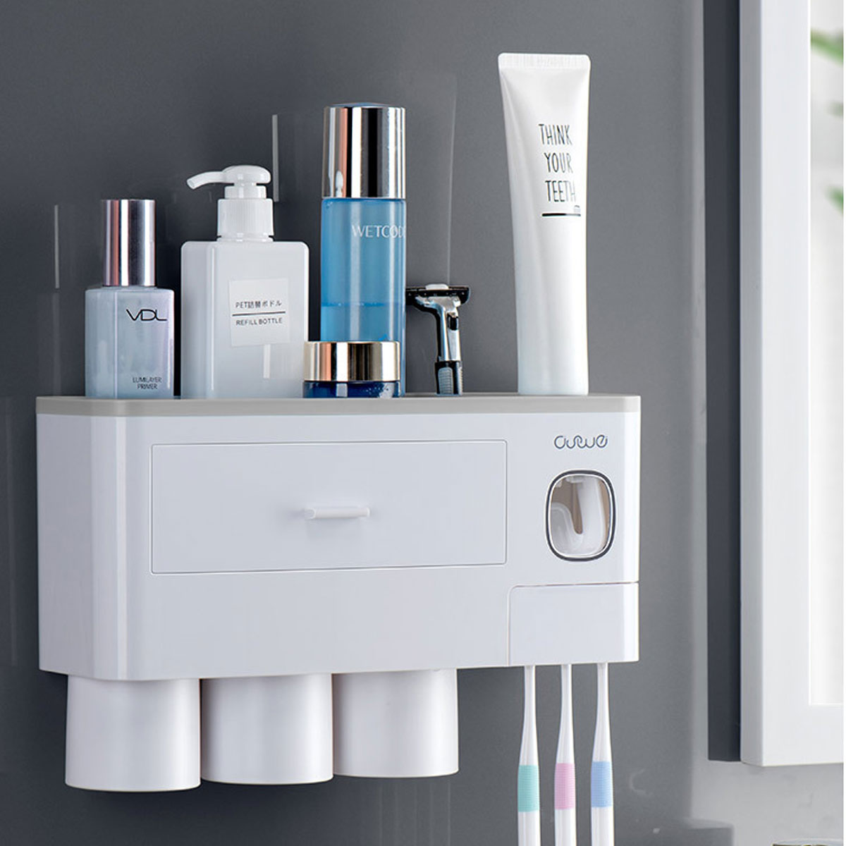 Non-marking Hanging Magnetic Toothbrush Holder Single Drawer Storage Rack With Toothpaste Squeezer Toiletry Set Image