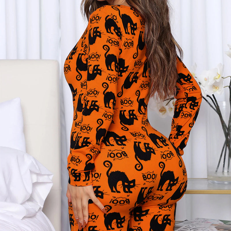 Halloween Printed Jumpsuit Long Sleeve Home Pajamas Casual Trousers Women's Cos Clothing Image