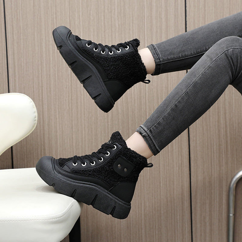 Lace-up High-top Flat Shoes For Women Winter Warm Cashmere Snow Boots Fashion Street Campus Students Height Increasing Shoes Image