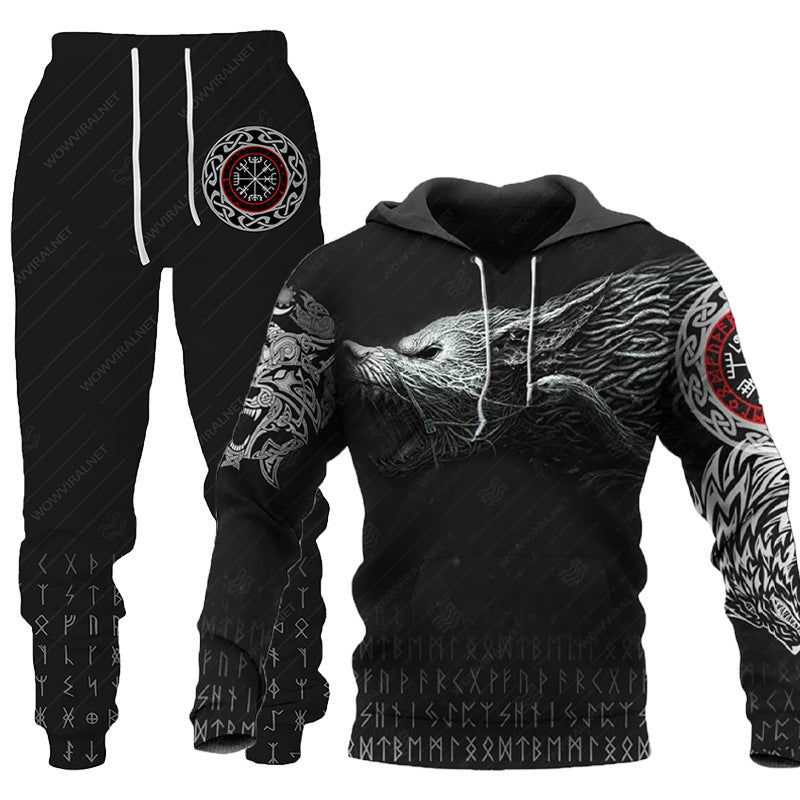 3D Wolf Print Tracksuit Men Sportswear Hooded Sweatsuit Two Piece Outdoors Running Fitness Mens Clothing Jogging Set Image