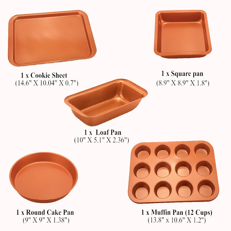 5 Pcs Baking Pans - Organic Eco Friendly Nonstick Coating - Premium Quality - Muffin Pan, Loaf Pan, Square Pan, Cookie Sheet, Round Pan - Bakeware Set Image