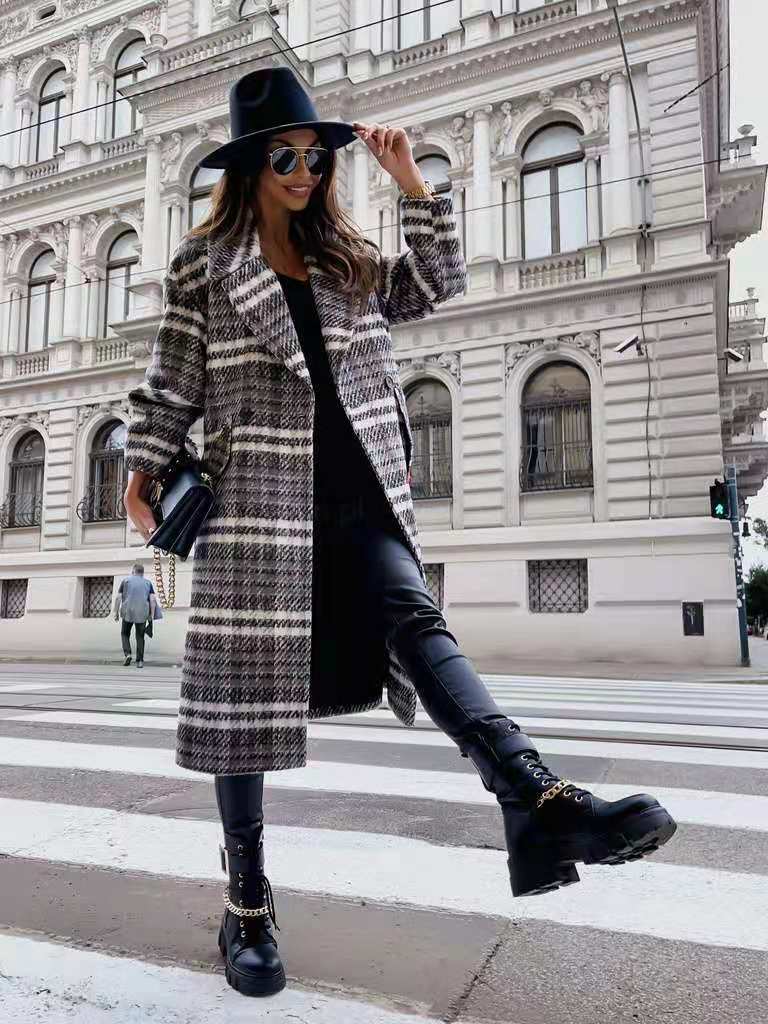 Checked Mid-length Coat Lapel Tie Woolen Coat Image