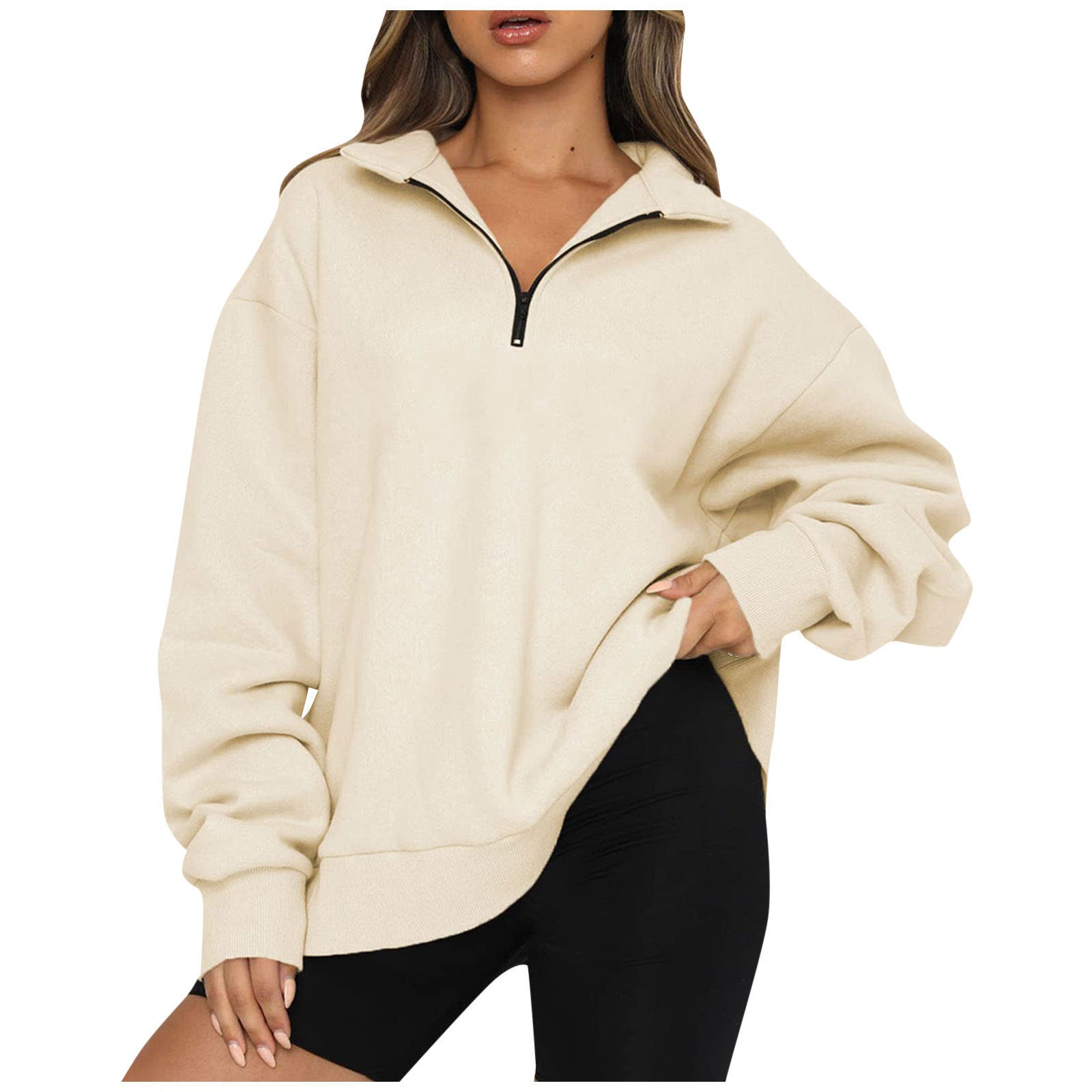 Women Sweatshirts Zip Turndown Collar Loose Casual Tops Clothes Image