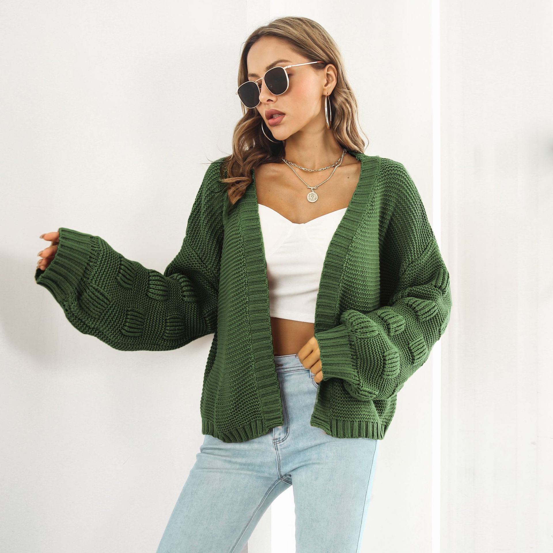 Puff Sleeve Cardigan Sweater Women Clothes Front Chunky Knitwear Coat Image