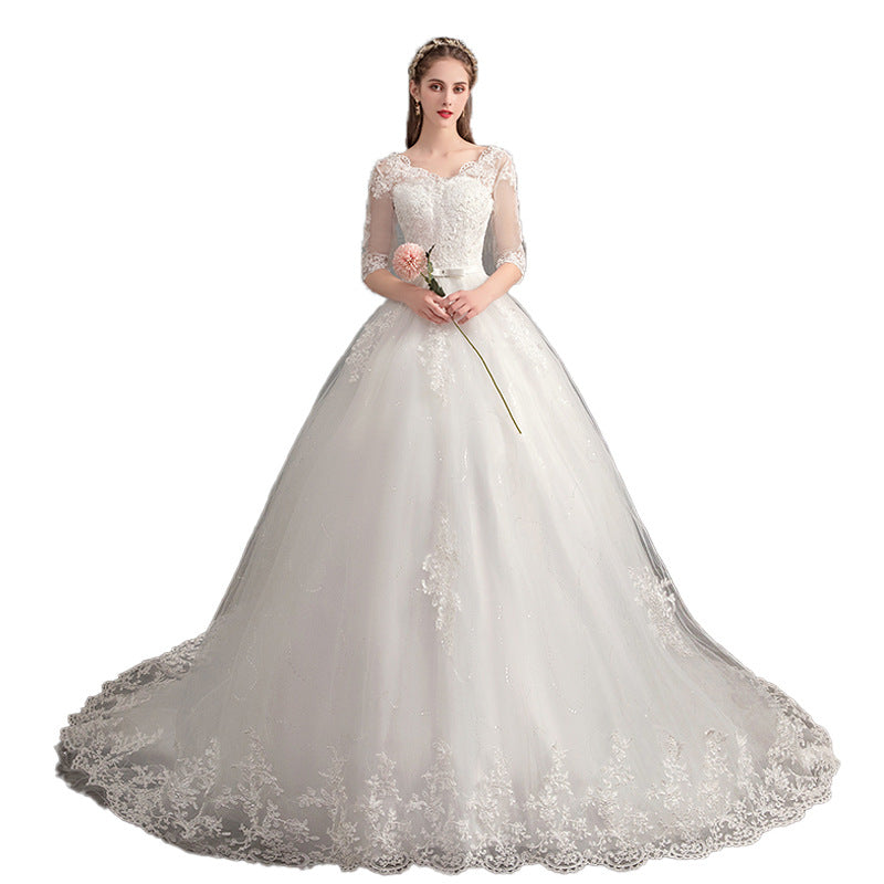 Wedding Dress Trailing Deep V Neck Lace High Waist Wedding Dress Long Sleeves Image