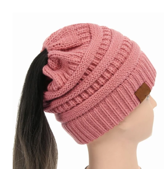 High Bun Ponytail Beanie Hat Chunky Soft Stretch Cable Knit Warm Fuzzy Lined Skull Beanie Acrylic Hats Men And Women Image