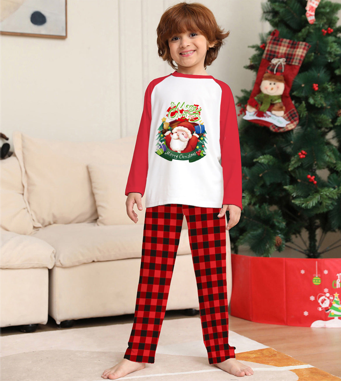 Christmas Parent-Child Clothes Set Long Sleeve T-Shirt Plaid Pants Family Matching Pajamas Image