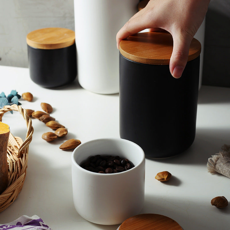 Kitchen ceramic wooden lid sealed storage jar Image