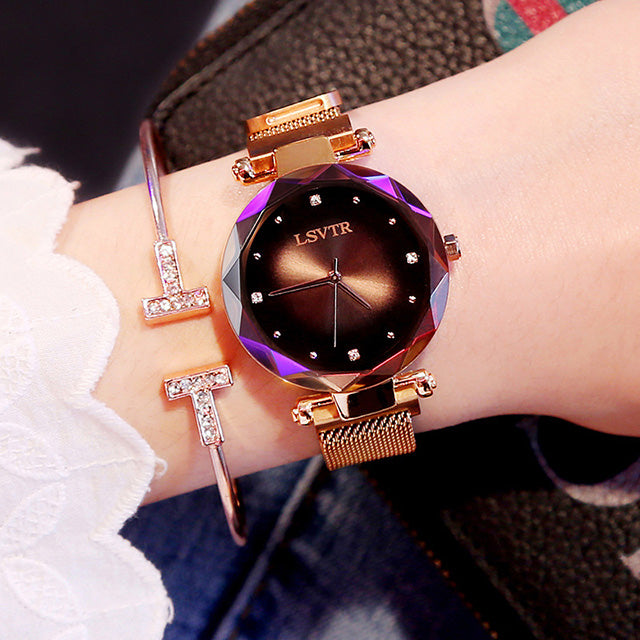 Rose Gold Women Watches Fashion Diamond Ladies Starry Sky Magnet Watch Waterproof Female Wristwatch Image