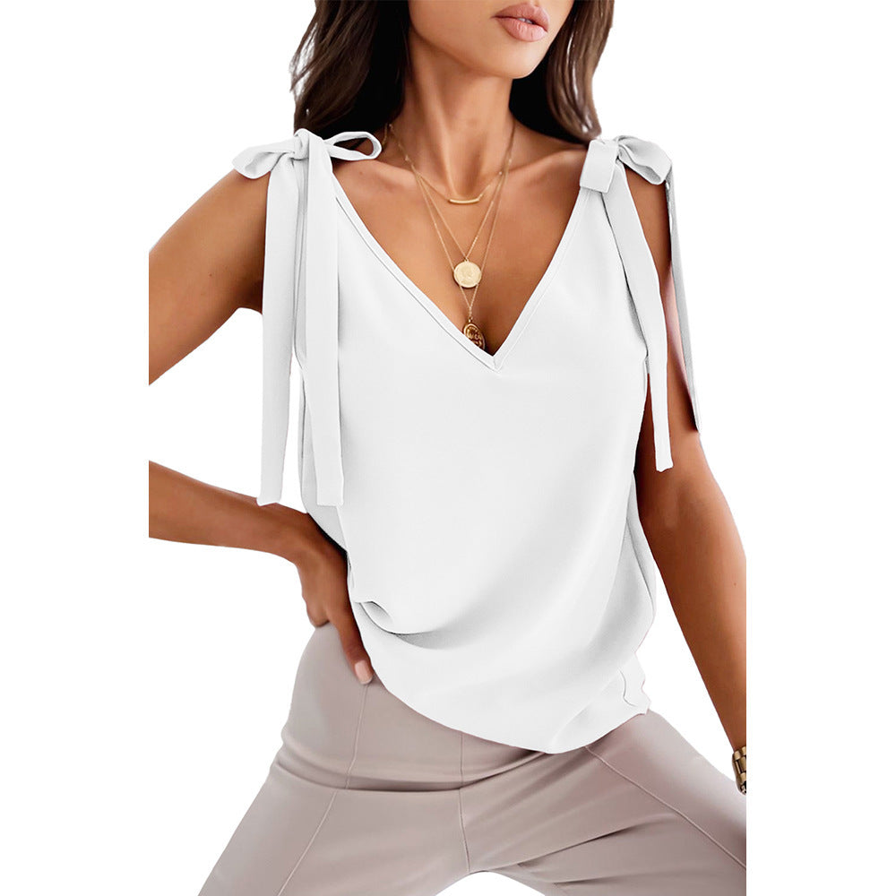 Bowknot Tie Up Camisole V-neck Shirts Women Summer Sleeveless Tank Tops Image