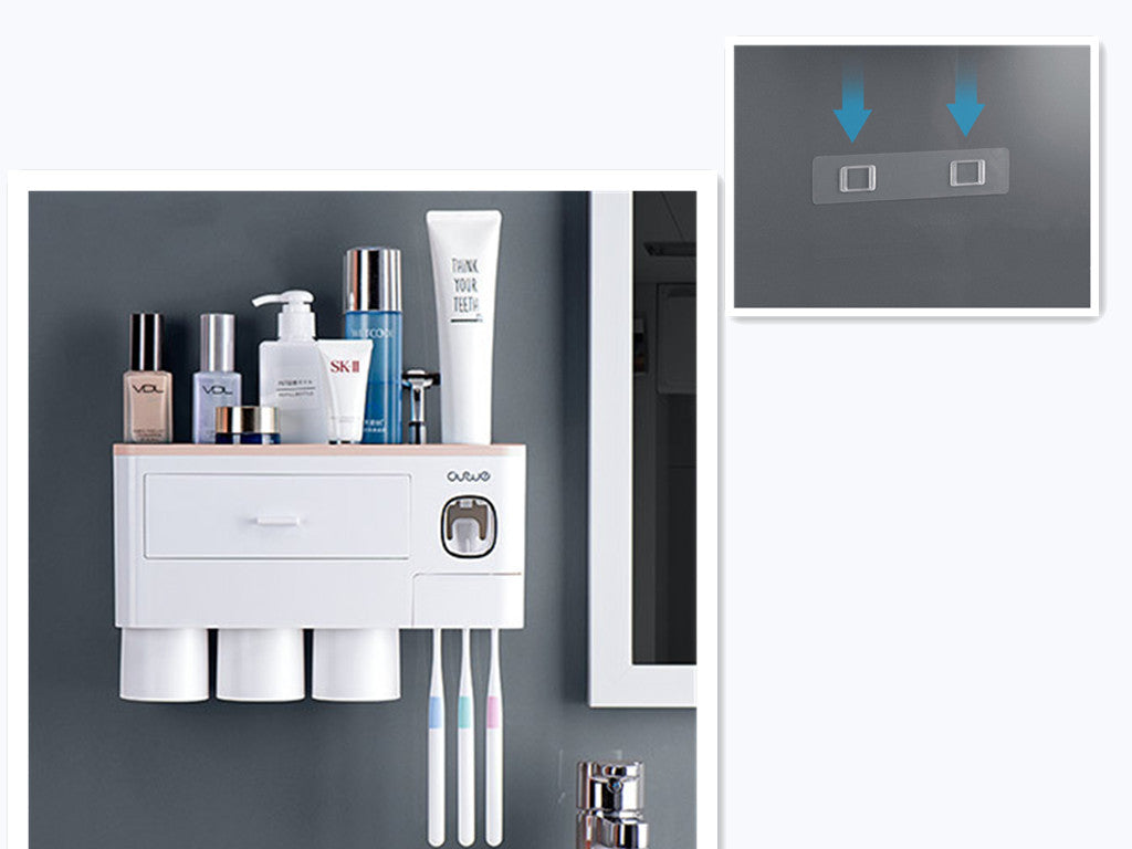 Non-marking Hanging Magnetic Toothbrush Holder Single Drawer Storage Rack With Toothpaste Squeezer Toiletry Set Image