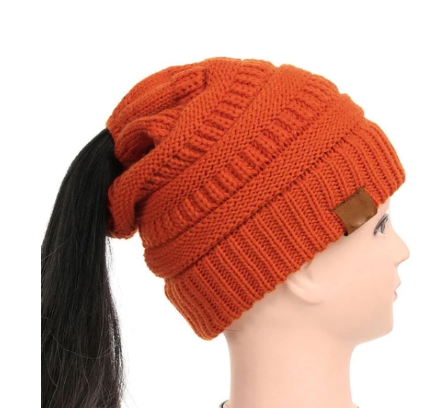 High Bun Ponytail Beanie Hat Chunky Soft Stretch Cable Knit Warm Fuzzy Lined Skull Beanie Acrylic Hats Men And Women Image