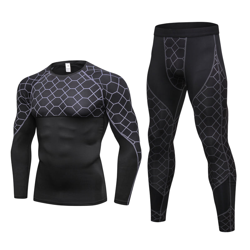 Men's Compression Run jogging Suits Grid Clothes Sports Set Long t shirt And Pants Gym Fitness workout Tights clothing 2pcs Sets Image