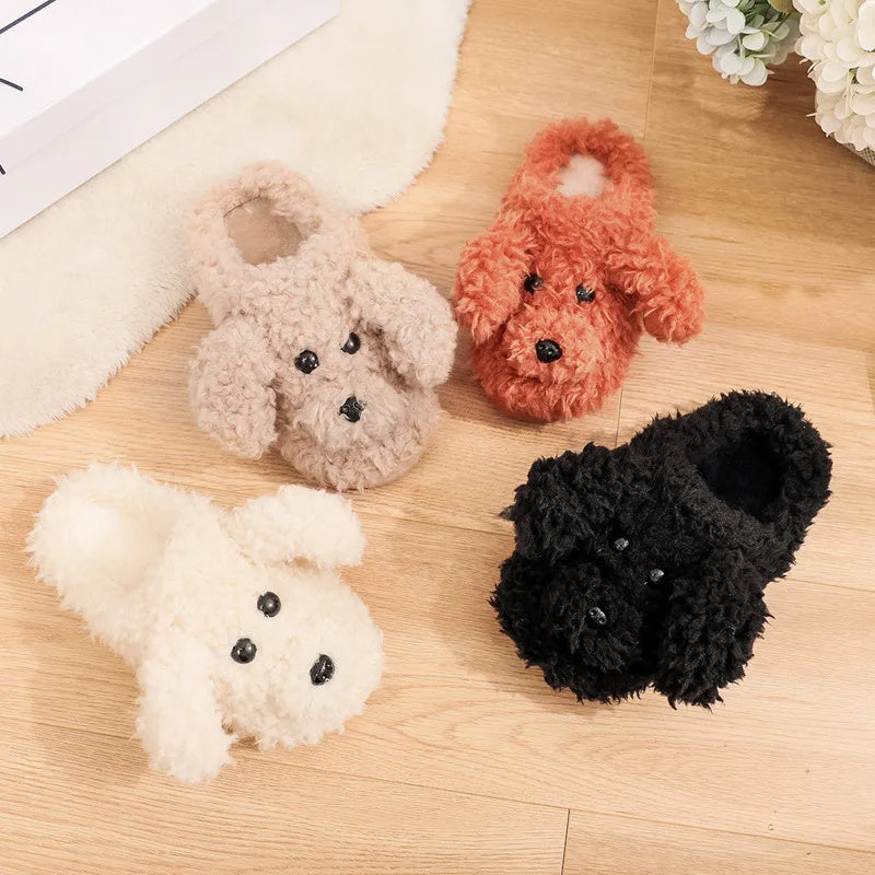 Comwarm Cute Dog Short Plush Slippers For Women 2023 Winter Warm Furry Cotton Shoes Couples Home Indoor Bedroom Cozy Slippers Image