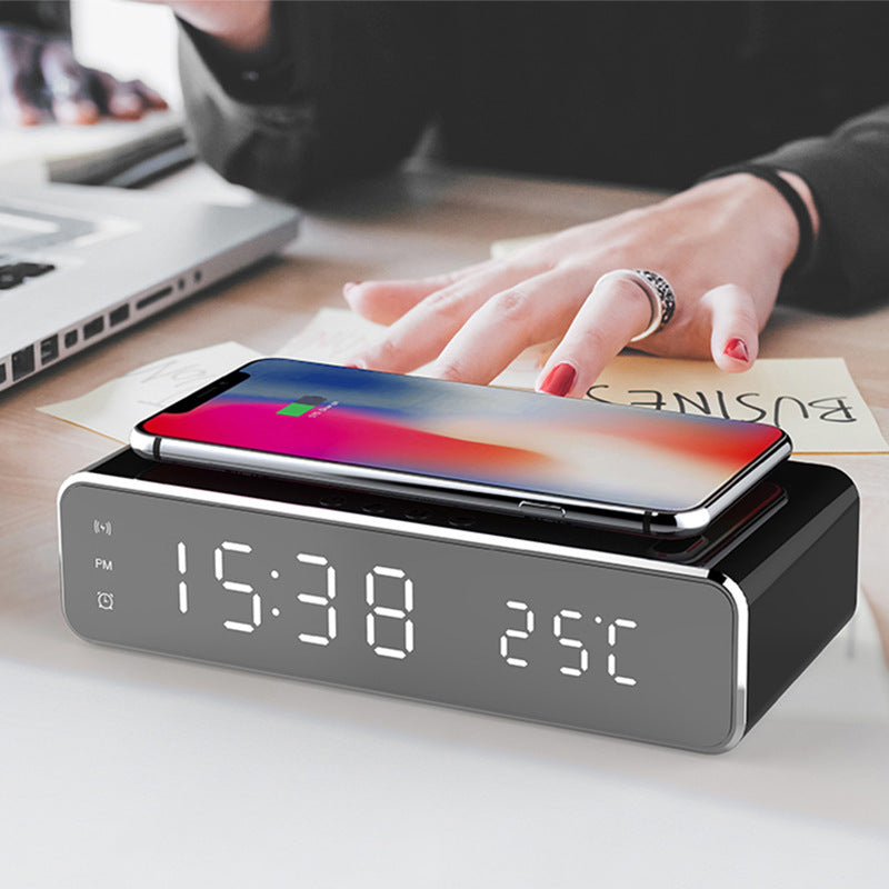 LED Electric Alarm Clock With Wireless Charger Desktop Digital Despertador Thermometer Clock HD Mirror Clock Watch Table Decor Image