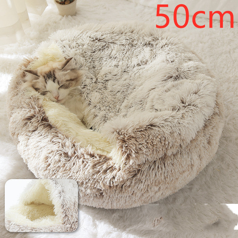 2 In 1 Dog And Cat Bed Pet Winter Bed Round Plush Warm Bed House Soft Long Plush Pets Bed Image