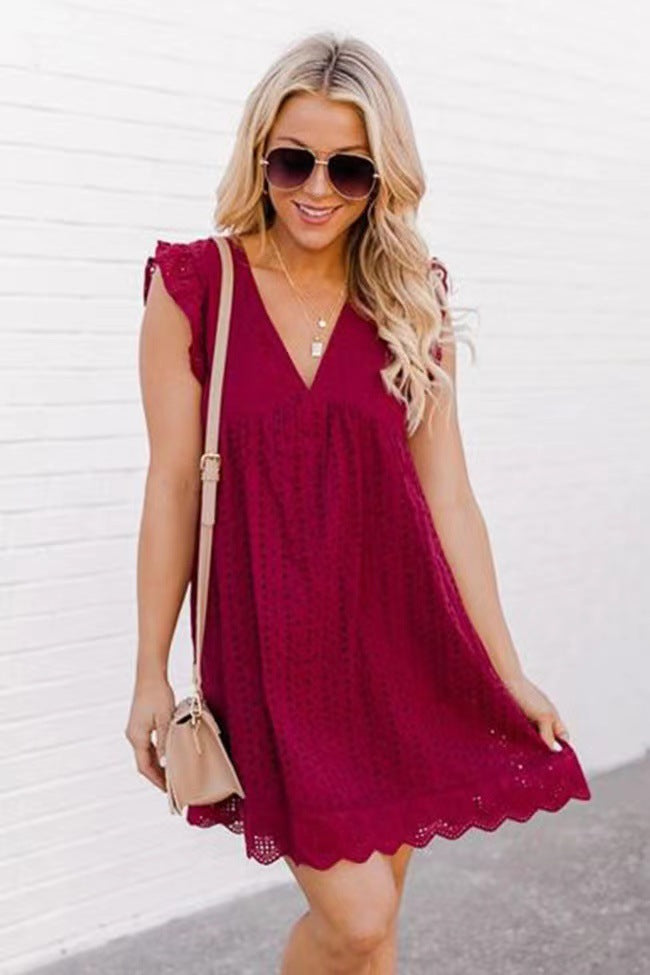 Lace Dresses With Pocket Summer Sleeveless Jacquard Cutout V-Neck Beach Dress Image