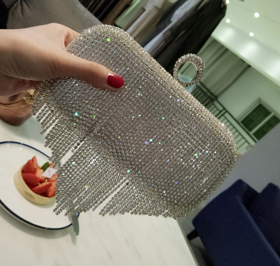 2021 new shiny diamond ladies fringed hand bag bag bag bag night party party bride Xiekua package Image