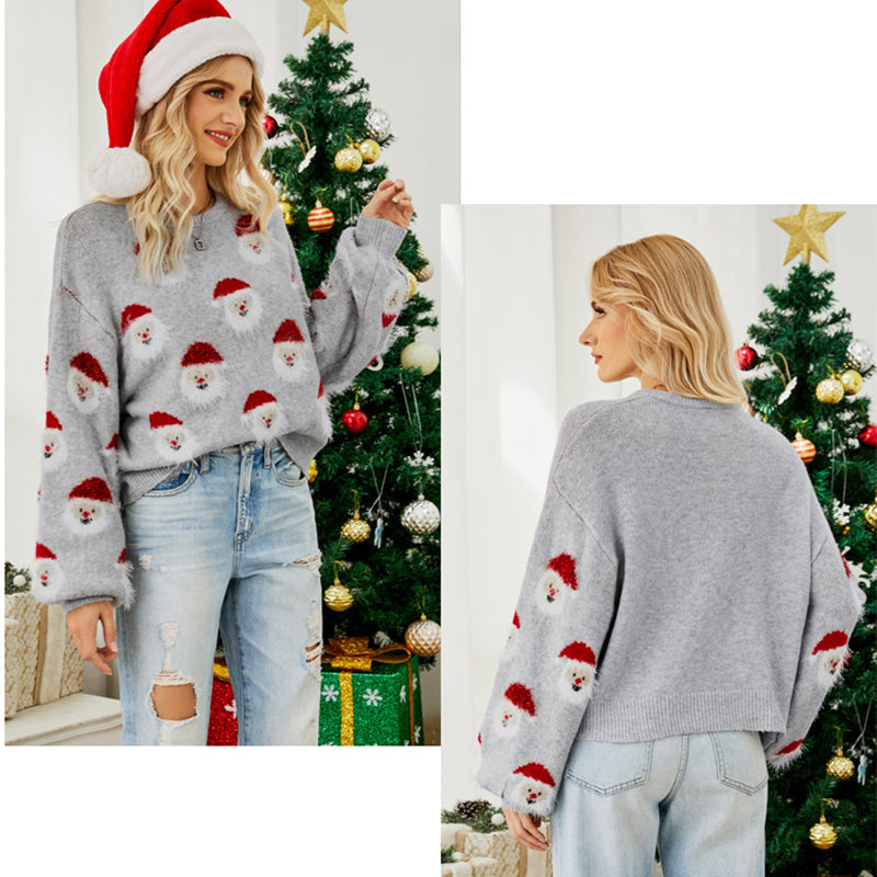 Christmas Sweater Women Cute Cartoon Santa Print Knit Sweater Winter Tops Image