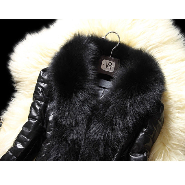 Faux fur large fur collar leather jacket Image