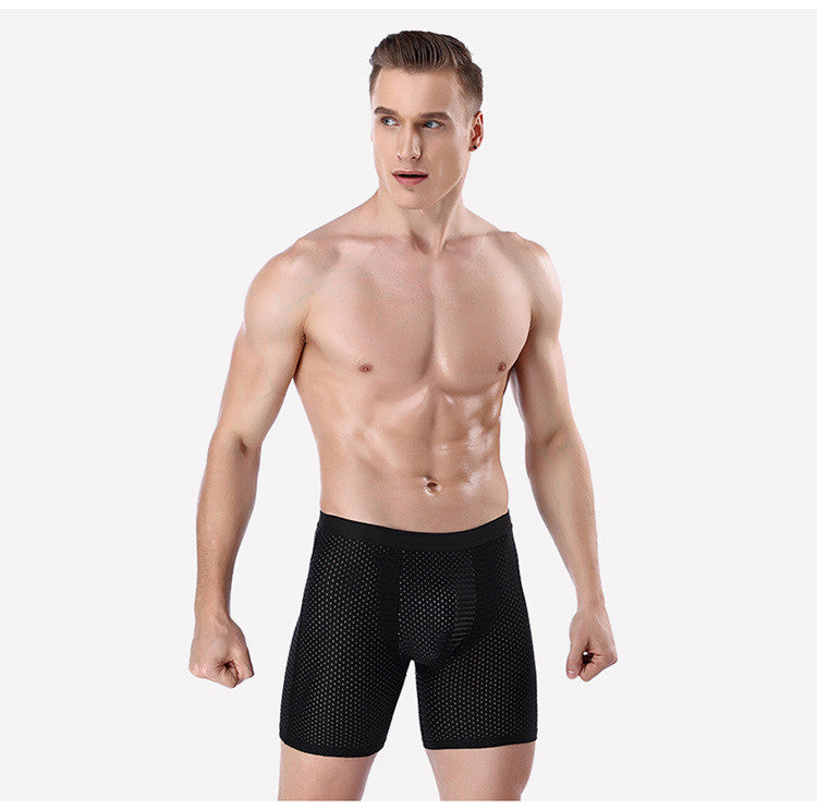 Men's sports underwear long ice mesh eye sexy breathable boxer briefs running wear leg long pants Image