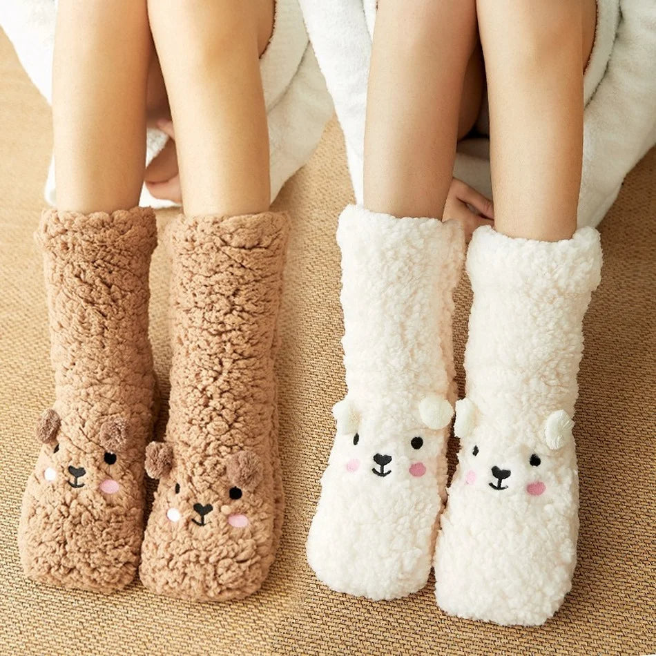 Cute Cartoon Bear Fuzzy Socks For Women, Comfortable Winter Soft Warm Slipper Socks, Casual Sleep Socks For Indoor Women's Fuzzy Socks Winter Warm Fluffy Soft Slipper Home Sleeping Cute Animal Socks Image