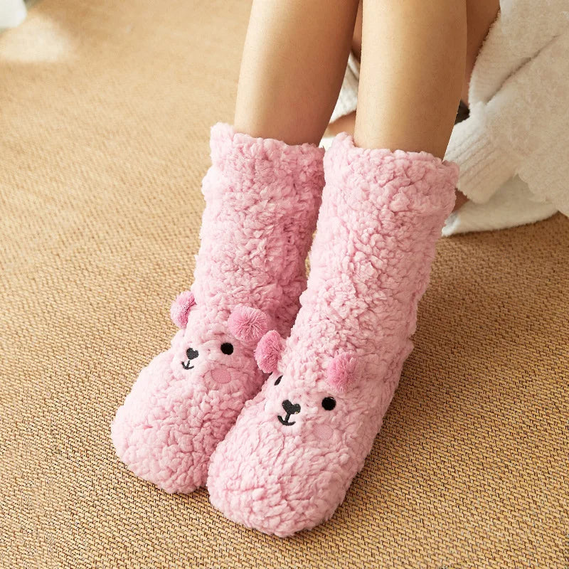 Cute Cartoon Bear Fuzzy Socks For Women, Comfortable Winter Soft Warm Slipper Socks, Casual Sleep Socks For Indoor Women's Fuzzy Socks Winter Warm Fluffy Soft Slipper Home Sleeping Cute Animal Socks Image