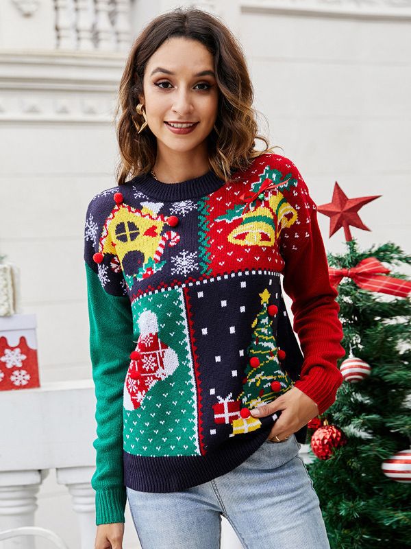 Women's Christmas Tree Snowflake Knitted Sweaters Long Sleeve Crew Neck Embroidery Pullover Knitwear Winter Tops Clothes Image