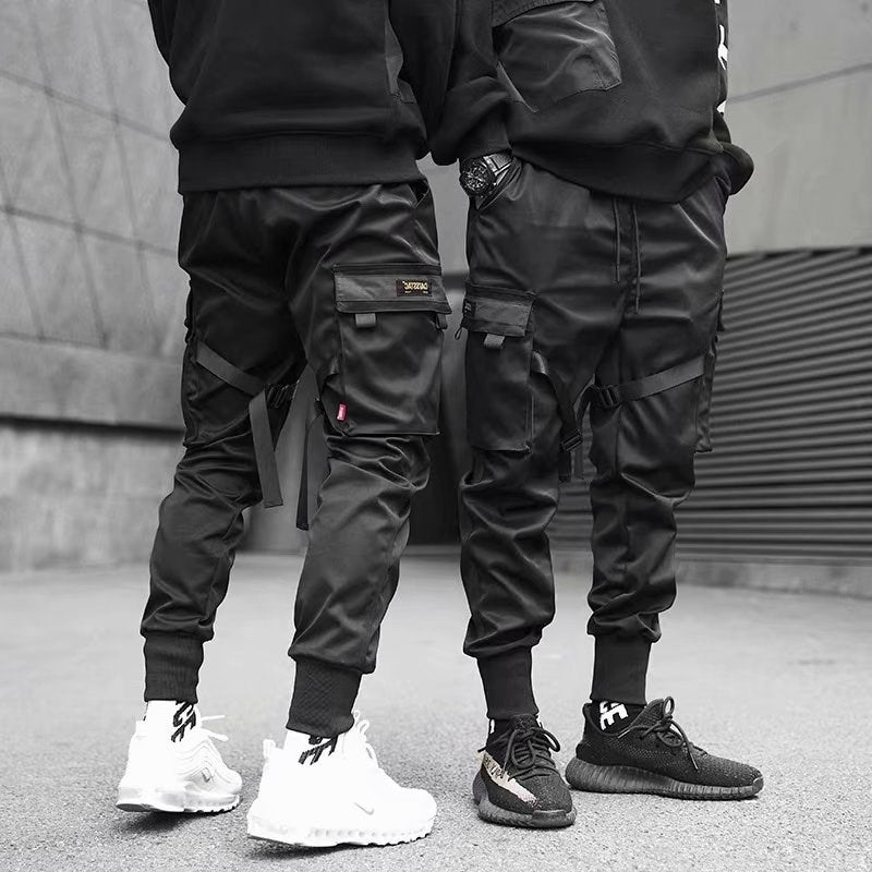 Ribbons Harem Joggers Men Cargo Pants Streetwear Hip Hop Casual Pockets Cotton Track Pants Image