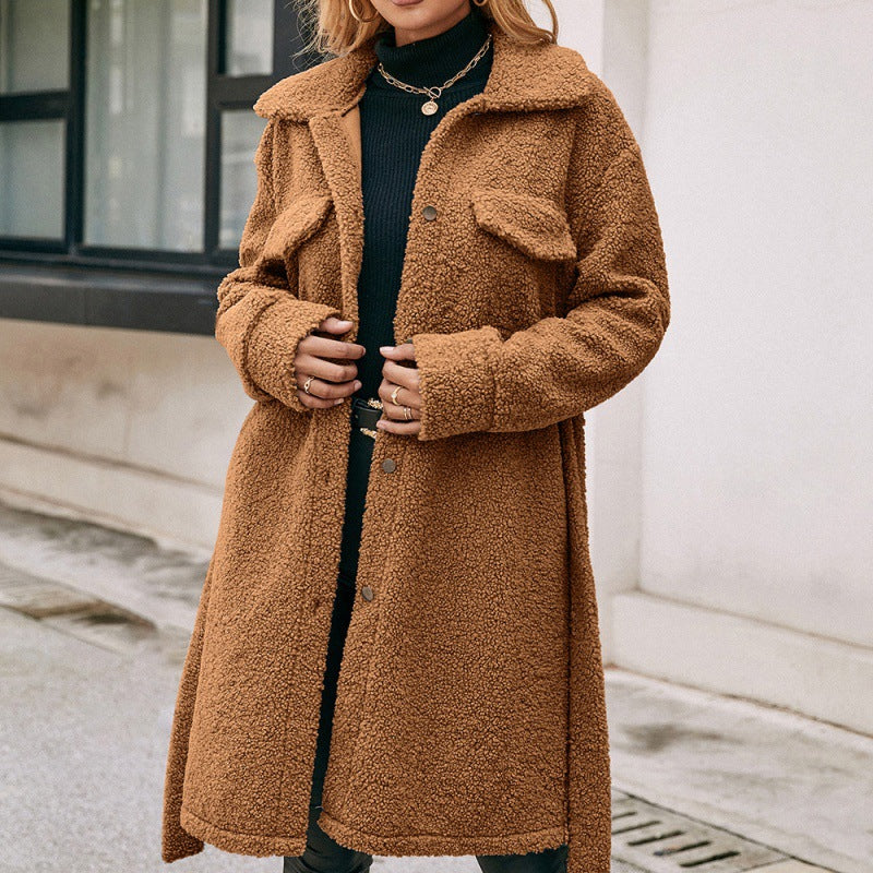 Mid-length Lapel Belted Single-breasted Plush Trench Coat Image