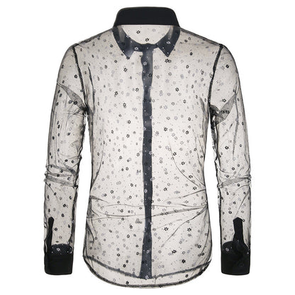 Sexy Black Lace Shirt Men New See Through Mens Dress Shirts