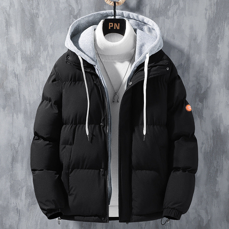 Fashion Hooded Jacket Men Winter Windproof Thickened Fake Two-piece Coat Solid Leisure Sports Cotton Jacket Image