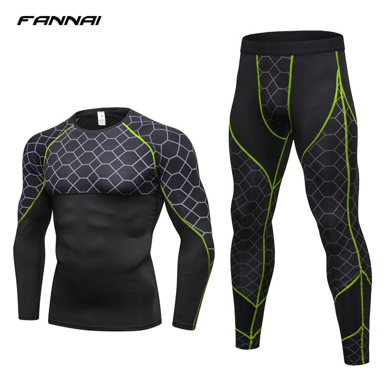 Men's Compression Run jogging Suits Grid Clothes Sports Set Long t shirt And Pants Gym Fitness workout Tights clothing 2pcs Sets Image