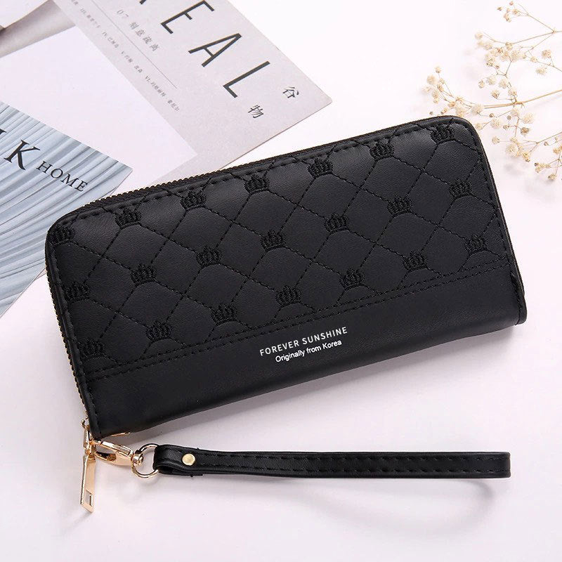 Long Crown Embroidery Thread Single Zip Clutch Wallet Women Image