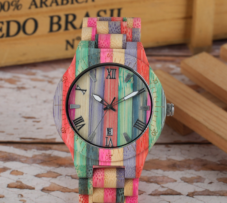 Colored Bamboo Wood Carving Couple Watch Image