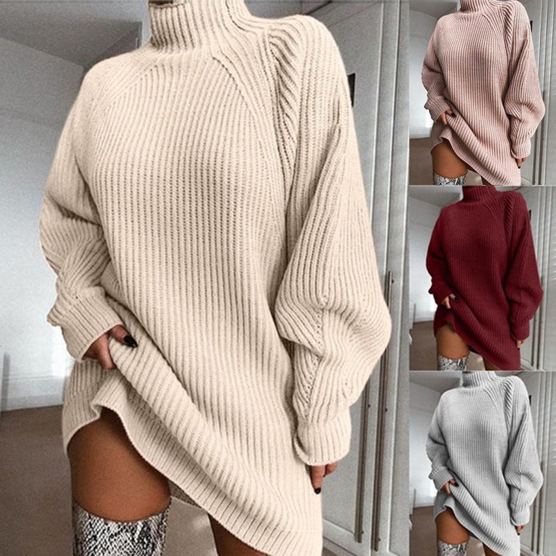 Solid Turtleneck Long Sweater Winter Warm Women Sweater Dress Image