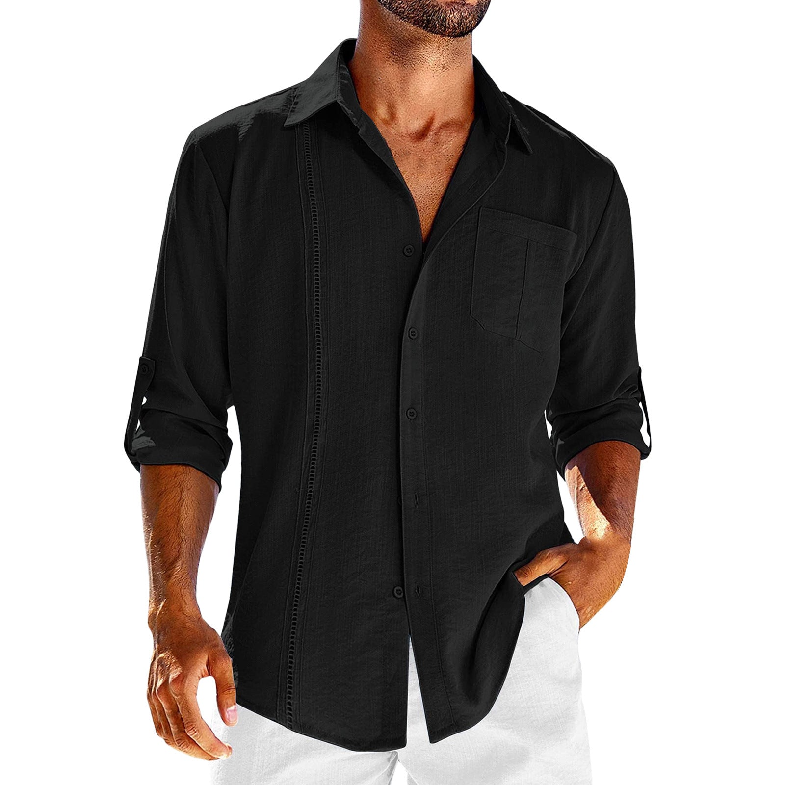 Casual  Long Sleeve Shirt With Pocket Lace Polo Collar Solid Color Button Mens Clothing Image