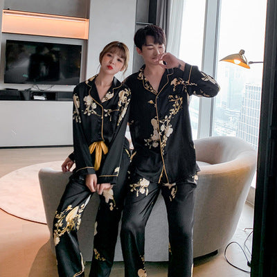 Black Imitation Silk Can Be Worn Outside Couple Pajamas Women Image