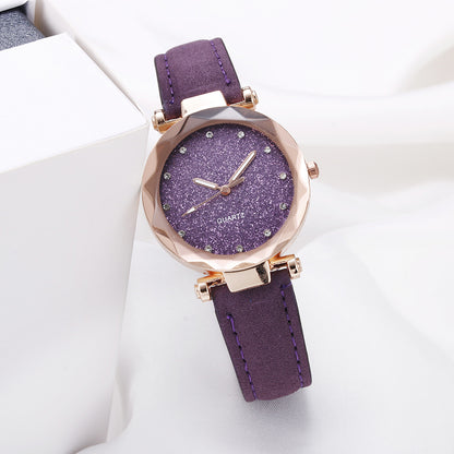 Casual Women Romantic Starry Sky Wrist Watch Leather Rhinestone Designer Ladies Clock